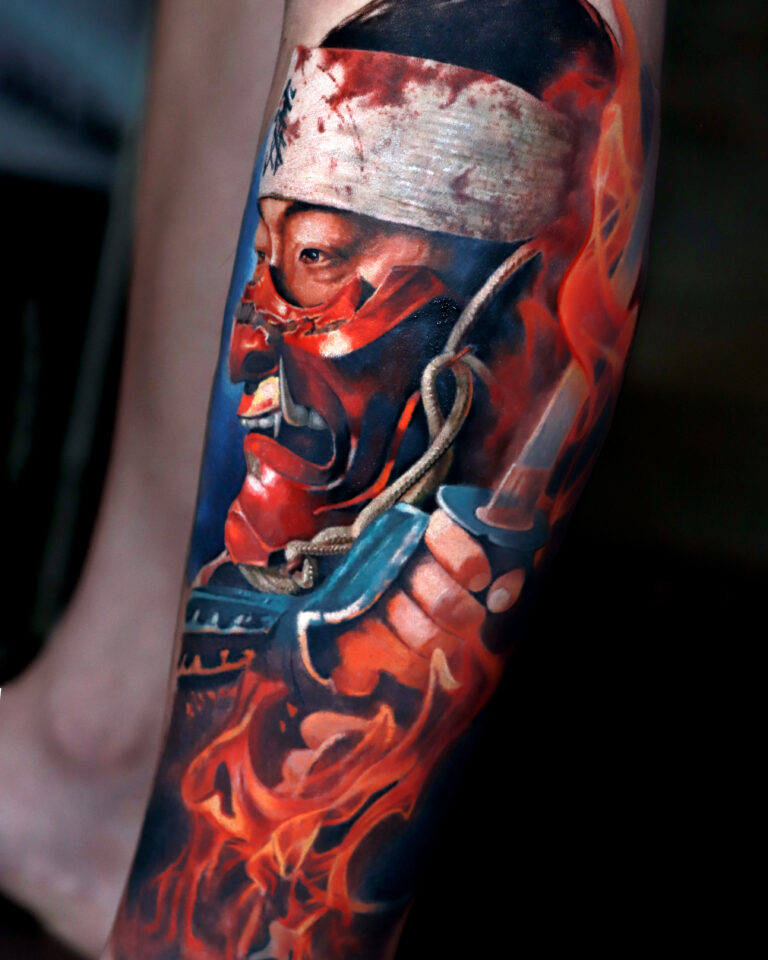Masked warrior Color Realism tattoo.