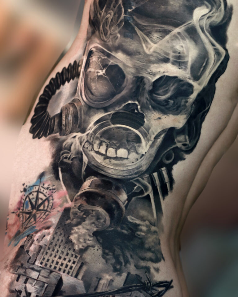 Skull, gas mask and city Dark Object Realism tattoo.