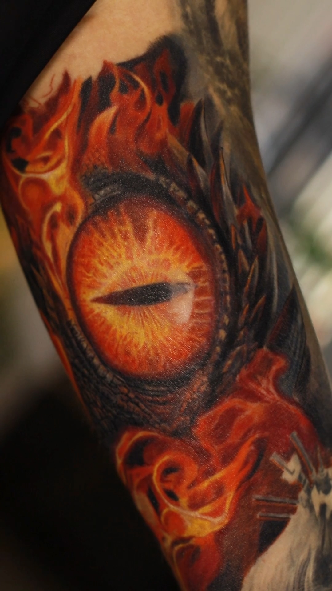 Dragon Eye and Fire Color Realism full arm healed for approximately one month